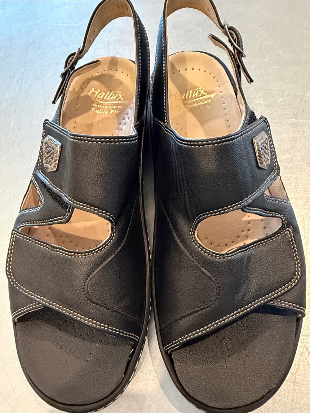 HALLUX - never worn. Black Leather Slingback Sandals with Adjustable Buckle
